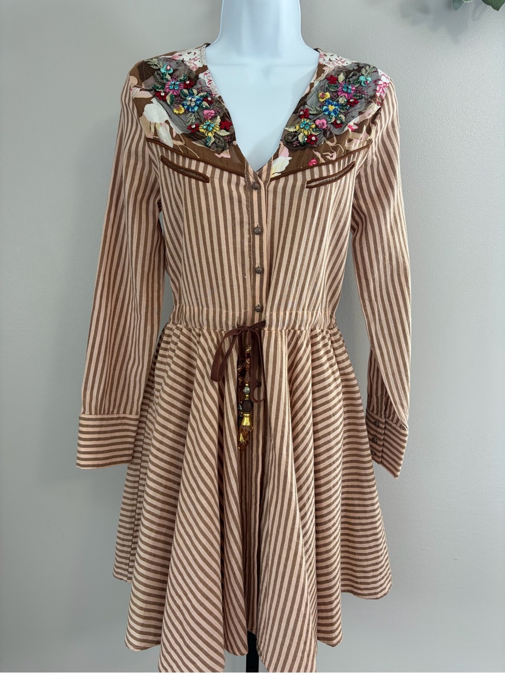 NWOT Aratta Brown and Cream Striped Embroidered Collar Tie-Waist Dress